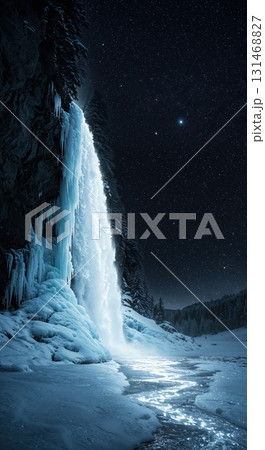 A radiant blue waterfall cascades over a dark, icy cliff surrounded by snow-covered evergreen trees under a starry night sky, creating a magical winter scene. 131468827