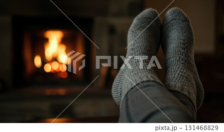 A person's feet wearing warm grey knitted socks are crossed and elevated, resting comfortably in front of a cozy, glowing fireplace with blurred orange flames providing a soft, intimate light. 131468829