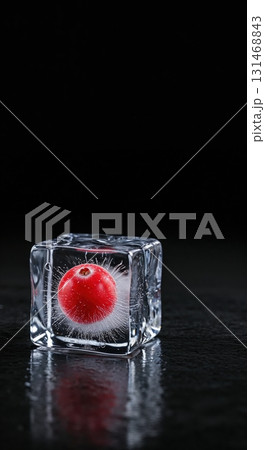 A vibrant red berry is perfectly encased within a clear, glistening ice cube, resting on a reflective dark surface with subtle water droplets and a stark black background. 131468843