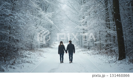 A young couple walks hand in hand down a snow-covered forest path, their backs to the viewer, surrounded by trees laden with fresh white snow. 131468866