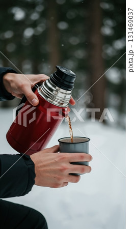 A person's hands pour a steaming hot beverage from a vibrant red thermos into a grey mug amidst a serene snowy forest landscape with blurred background trees. 131469037