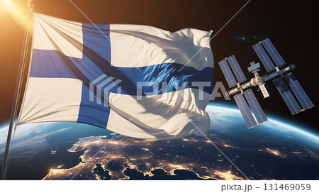 A waving finnish flag with a space station over earth in outer space view 131469059