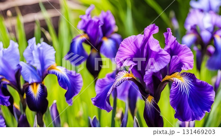 Close-up of vibrant purple and blue iris flowers, featuring bold yellow centers and lush green foliage, perfect for spring, garden, or bright floral designs. AI Generated 131469203