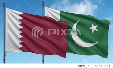 Flags of qatar and pakistan waving against a blue sky symbolizing international relations Flags of qatar and pakistan waving against a blue sky symbolizing international relations 131469294