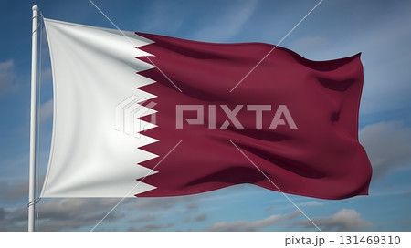 Waving qatar flag with white and maroon colors against a blue sky with some clouds 131469310