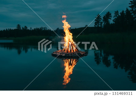 Bonfire on a small island in a lake reflecting in the water at twilight time 131469311