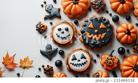 Top view Halloween festive decorated icing gingerbread sugar cookies 131469338