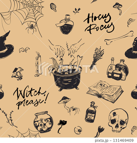 Vector Halloween seamless pattern with Witch accessories. Hand painted holiday template isolated on beige background. Illustration for design, print or background. 131469409