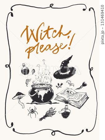 Vector Halloween vertical frame with Witch accessories. Hand painted holiday template isolated on white background. Illustration for design, print or background. Halloween poster. Vector Halloween vertical frame with Witch accessories. Hand painted holiday template isolated on white background. Illustration for design, print or background. Halloween poster. 131469410