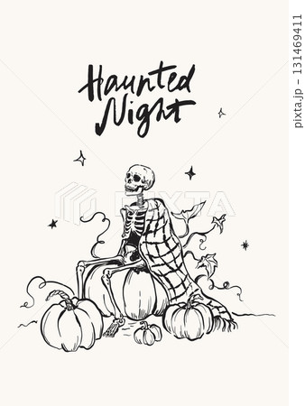 Vector Halloween card with skeleton on the pumpkins. Hand painted holiday template isolated on white background. Illustration for design, print or background. Halloween poster. Vector Halloween card with skeleton on the pumpkins. Hand painted holiday template isolated on white background. Illustration for design, print or background. Halloween poster. 131469411