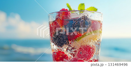 Orange cocktail glass with fruit slice on tropical beach background. banner with copy space. The concept of rest,   131469496