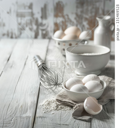 Fresh cracked eggs in ceramic bowl with flour, shells, and whole brown eggs placed on clean white table, showing ingredients  131469528