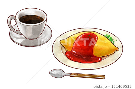 オムライスとコーヒーのラスターイラスト 131469533