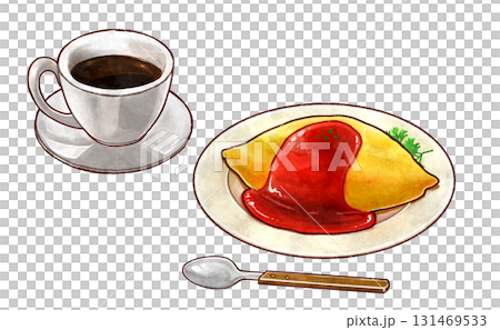 オムライスとコーヒーのラスターイラスト 131469533