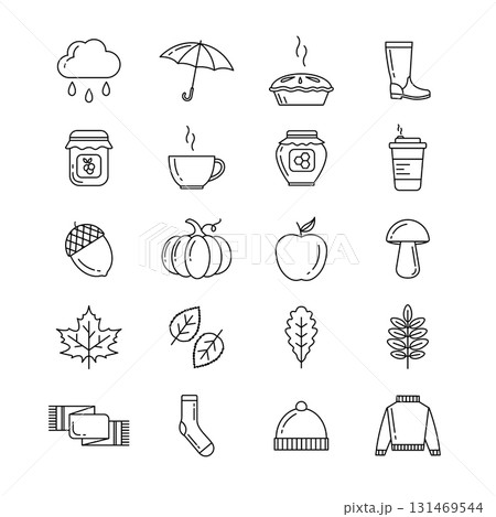 Autumn elements. Set of icons in trendy line style. Outline icons set. The set includes icons as pie, umbrella, cup of tea, coffee, pumpkin, acorn, apple, mushrooms, leaves, rain, jam, honey and other Autumn elements. Set of icons in trendy line style. Outline icons set. The set includes icons as pie, umbrella, cup of tea, coffee, pumpkin, acorn, apple, mushrooms, leaves, rain, jam, honey and other 131469544