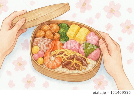 花見弁当を開ける瞬間の水彩イラスト 131469556