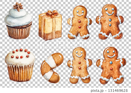 Watercolor illustration of Christmas gingerbread cookies, festive cupcakes, and a gift box with copy space for design. Isolated on transparent background. PNG, cutout 131469628