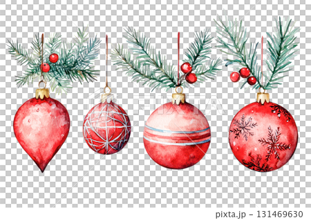 Watercolor illustration set of Christmas decorations featuring red ornaments and pine branches with festive details. Isolated on transparent background. PNG, cutout 131469630