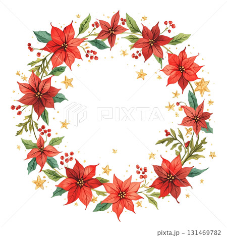ポインセチアと星を散りばめた華やかなクリスマスリース 131469782