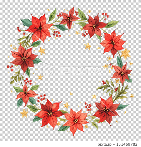 ポインセチアと星を散りばめた華やかなクリスマスリース 131469782