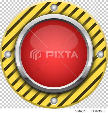 Red push button with yellow and black hazard pattern, and silver trim and securing bolts. 131469809