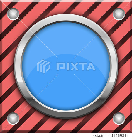 Circular frame with a blue center, set against a backdrop of stripes and metallic rivets. 131469812