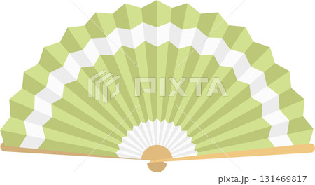 Elegant handheld fan featuring light green and white colors, showcasing a traditional design. 131469817