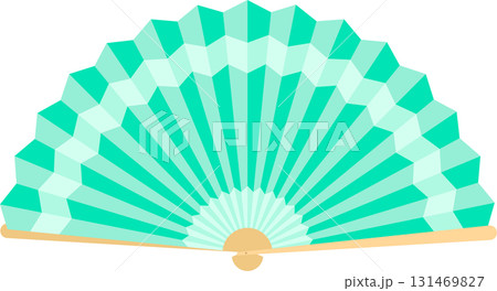 Turquoise Hand Fan: A traditional folding fan with vibrant turquoise hues and a geometric design. 131469827