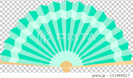Turquoise Hand Fan: A traditional folding fan with vibrant turquoise hues and a geometric design. 131469827
