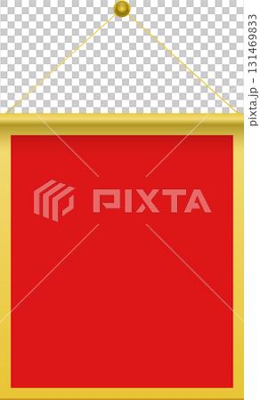 Hanging rectangular banner with a red field and a golden border, suspended from golden cords. Hanging rectangular banner with a red field and a golden border, suspended from golden cords. 131469833