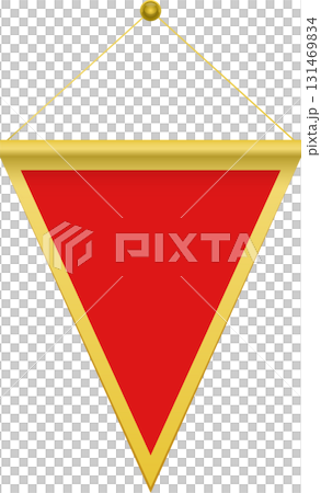 A red triangular pennant with golden trim hangs by a golden cord against a black background. A red triangular pennant with golden trim hangs by a golden cord against a black background. 131469834