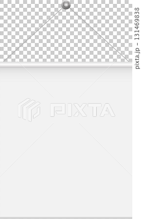 Hanging banner displays a pristine white surface, suspended against a stark black background. Hanging banner displays a pristine white surface, suspended against a stark black background. 131469838