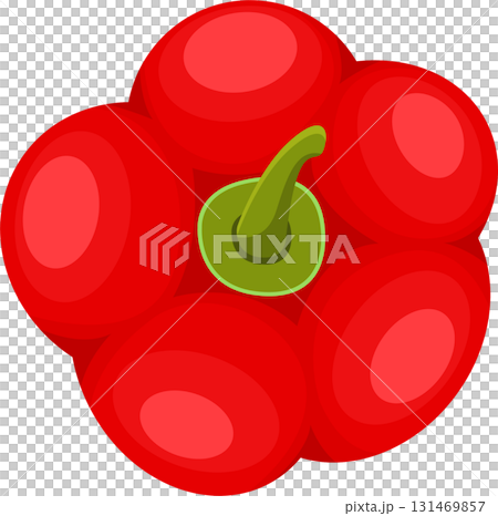 A vibrant, cartoon-style red bell pepper with a green stem, presented on a solid black backdrop. 131469857