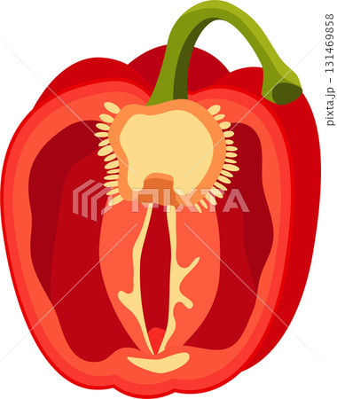 A colorful red pepper is cut down the center, revealing its inner flesh and seeds. Healthy food. 131469858