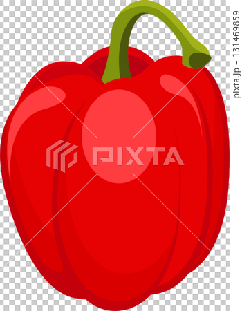 Vibrant red bell pepper with smooth skin and green stem, against a plain black background. 131469859