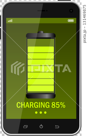 A smartphone displaying an 85% charged battery and charging indicators on a green background. A smartphone displaying an 85% charged battery and charging indicators on a green background. 131469875