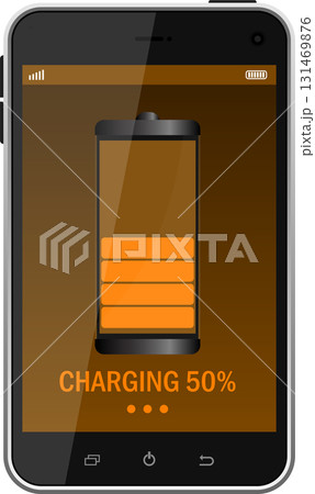Smartphone screen showing a battery charging with 50% capacity on a brown background. 131469876