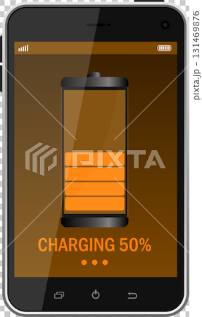 Smartphone screen showing a battery charging with 50% capacity on a brown background. 131469876