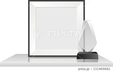Framed certificate with crystal trophy, elegantly displayed on a minimalist reflective surface. Framed certificate with crystal trophy, elegantly displayed on a minimalist reflective surface. 131469882