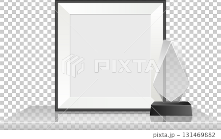Framed certificate with crystal trophy, elegantly displayed on a minimalist reflective surface. Framed certificate with crystal trophy, elegantly displayed on a minimalist reflective surface. 131469882