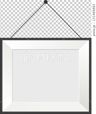 Hanging frame isolated against a black background. The frame has a dark border and white inset. 131469883