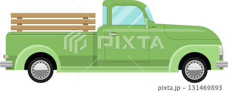 Vintage light green pickup truck with wooden slats in the cargo bed on a black background. Vintage light green pickup truck with wooden slats in the cargo bed on a black background. 131469893