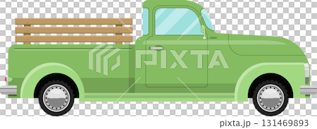 Vintage light green pickup truck with wooden slats in the cargo bed on a black background. Vintage light green pickup truck with wooden slats in the cargo bed on a black background. 131469893