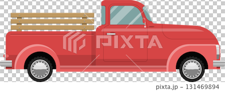 Classic red pickup truck featuring a wooden slat bed, vintage design elements, and clean lines. 131469894