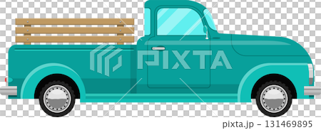 Teal-colored, classic-style pickup truck with a wooden slat cargo bed. Side view, simple design. 131469895