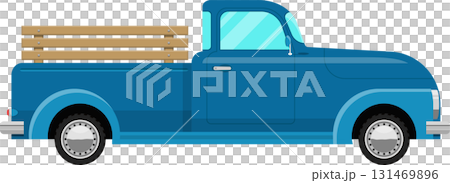 Vintage blue pickup truck, a classic icon of transportation, rendered in a simple, stylized design. 131469896
