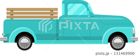 Vintage pickup truck in turquoise with wooden slats.Classic vehicle illustration on black 131469900