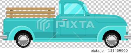 Vintage pickup truck in turquoise with wooden slats.Classic vehicle illustration on black 131469900