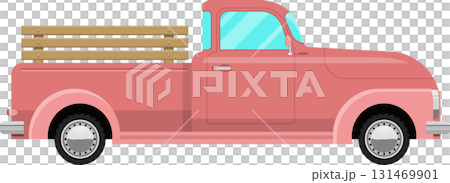 A classic salmon-colored pickup truck with light blue windows and wooden slats in the truck bed. 131469901