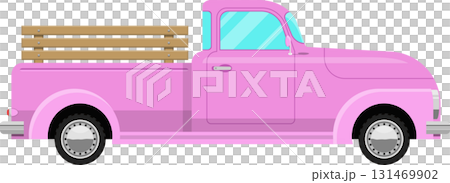 A pink vintage-style pickup truck with a light wood plank truck bed, stylized, in side profile. A pink vintage-style pickup truck with a light wood plank truck bed, stylized, in side profile. 131469902
